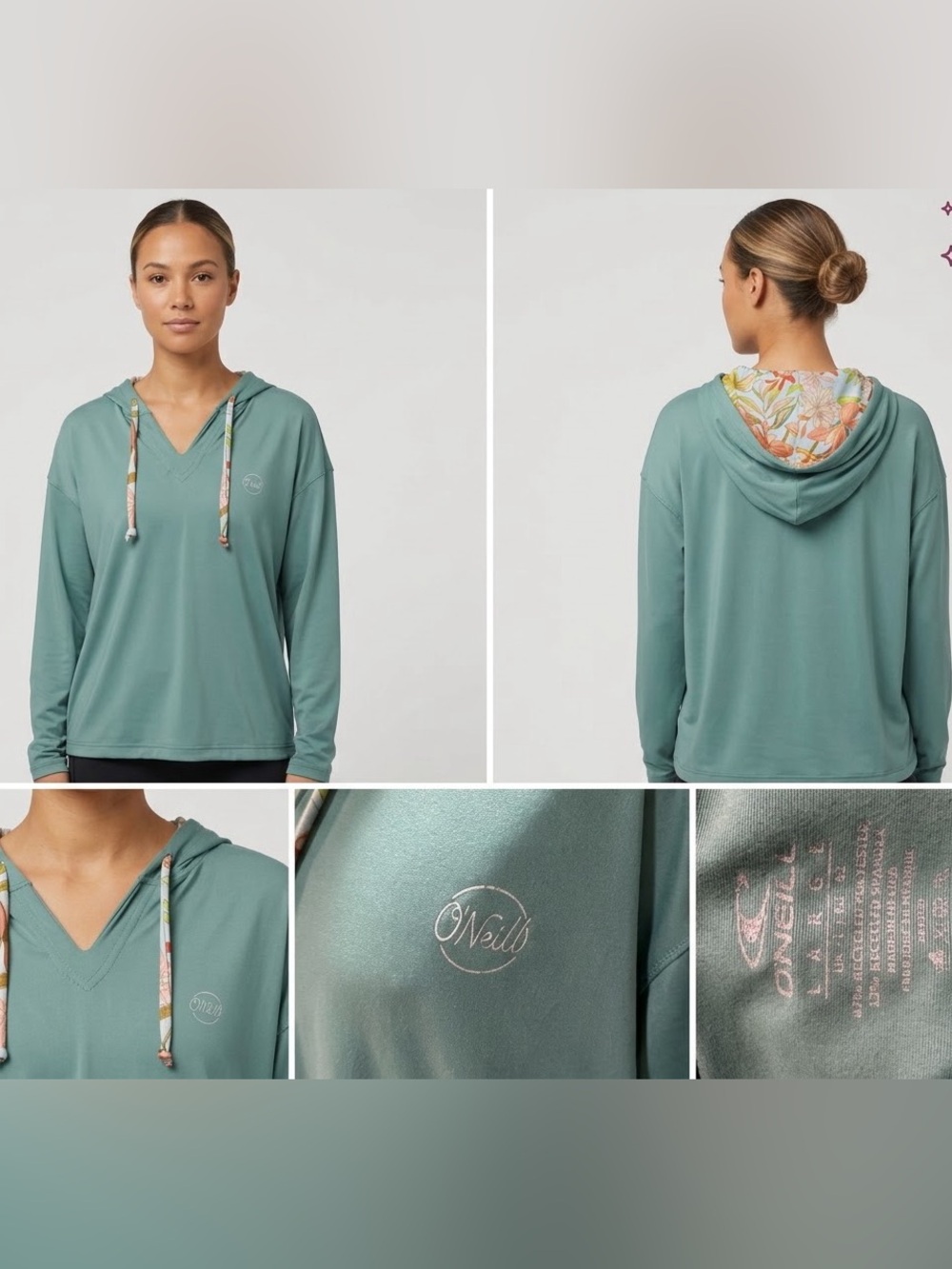 O'Neill Women's Seafoam Green Pullover Hoodie with Floral Hood